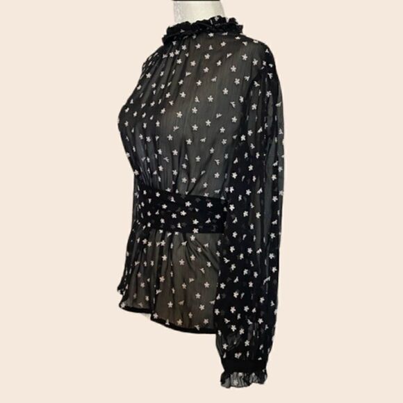 Zara Black & White Floral Embroidered Sheer High Neck Long Sleeve Top Size XS - Picture 6 of 13